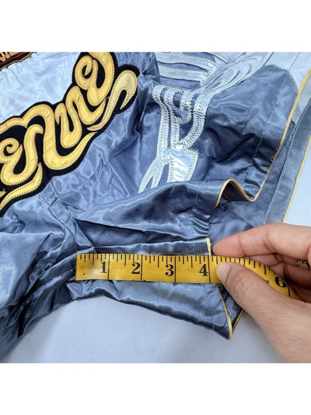 Muay Thai Boxing Shorts Men Women Size L Fonts Gray Gold Satin Patch Kickboxing - Picture 11 of 12